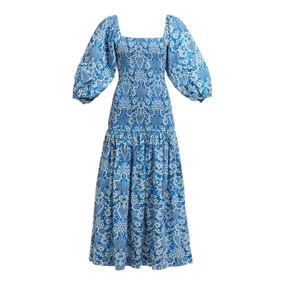 Rhode Resort Harper Blue Shirred Floral Print Puff Sleeve Cotton Midi Dress